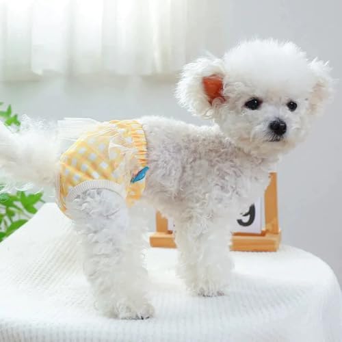 Image of Small Dog Sanitary Panties, Lace Washable Reusable Cute Puppy Panties Pet Underwear Diaper Physiological Shorts for Female Girls Dogs(Yellow Plaid,S