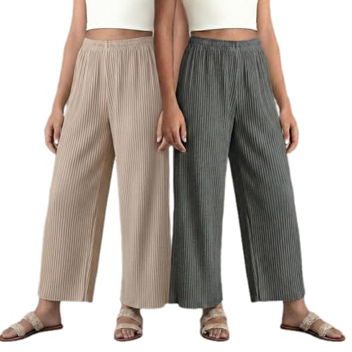 Image of Set of Combo Trouser and Pants for Girls and Women's Relaxed Fit Stretchable Regular Fit Palazzos Lightweight Elastic Waistband Bottoms for Daliy Office & Casual Wear