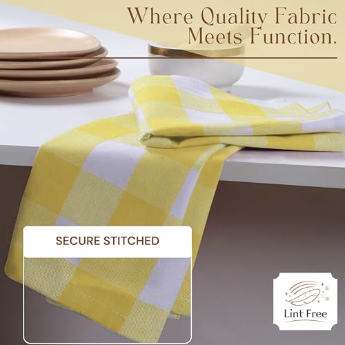 Image of Buffalo Check Kitchen Towels, 16x26 Inches, 12 Pack Plaid Tea Towels, Reusable Cotton Dish Cloths, Quick Drying, Absorbent Towel for Cooking, Drying Dishes, Lemon Yellow and White