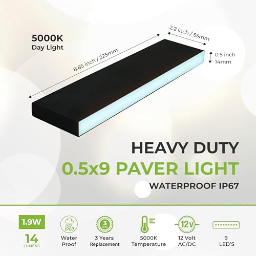 Image of LUMENGY Paver Light Slim 0.5x9 Inch (0.55x8.85), 5000K Daylight, Glare-Free Linear Lighting for Driveways, Walkways and Paver Borders, 12V Hardwired, IP67 Waterproof, Drive-Over Rated