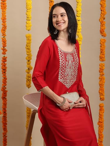 Image of GoSriKi Women's Rayon Blend Straight Embroidered Kurta with Pant & Dupatta