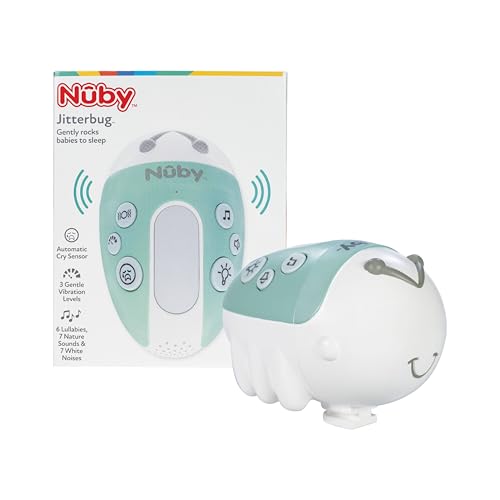 Nuby Jitterbug Stroller Rocker & Sound Machine for Babies - Portable Soother with Vibrations Sounds and Light Colors - USB-C Rechargeable - Attaches to Strollers and Cribs - Green