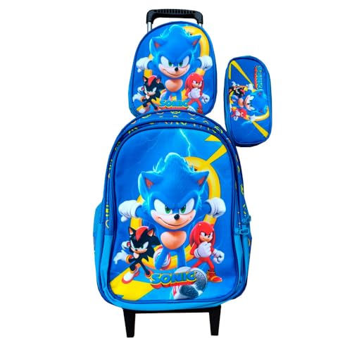 Kit Mochila do Sonic 3 com Rodinhas Escolar Infantil + Lancheira Térmica + Estojo