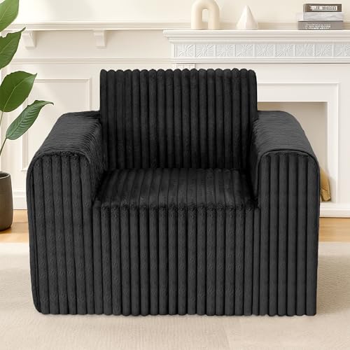lilanoon Giant Bean Bag Chair for Adults, Non-Slip Floor Sofa with High Backrest & Wider Armrest, Upgrade Whole Sponge Bean Bag Sofa Couch for Bedroom Living Room(Large,Black,Stripe Plush)