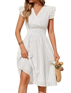 PASUDA Sommerkleid Damen Baumwolle Kleider Sommer V-Ausschnitt Rüschenärmel Kleid Knielang Ärmelloses Hohe Taille Wickelkleid Leicht Luftig Freizeitkleider Strandkleid mit Taschen (Weiß, S)