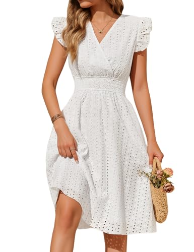 PASUDA Sommerkleid Damen Baumwolle Kleider Sommer V-Ausschnitt Rüschenärmel Kleid Knielang Ärmelloses Hohe Taille Wickelkleid Leicht Luftig Freizeitkleider Strandkleid mit Taschen (Weiß, M)