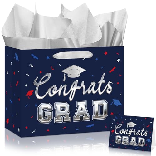 MOORIIY Blue Graduation Gift Bag with Tissue Paper and Card Congrats Grad Wrapping Paper Graduation Class of 2026 Gift Bag Blue Silver Congrats Grad Party Decorations Supplies for High School College