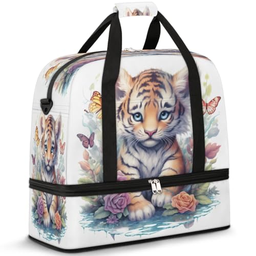 Travel Duffel Bags Cut Tiger Butterfly Foldable Weekender Bags for Women with Shoes Compartment Waterproof & Tear Resistant Carry on Overnight Luggage Duffel Bag Shoulder Sports Tote Bag,A-509