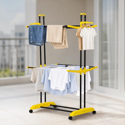 Image of BonKaso AirFold Compact 2-Tier Double Pole Foldable Clothes Drying Stand, Portable Heavy Duty Alloy Steel Laundry Rack with 360 Wheels and 8 Hanger Slots, for Indoor and Outdoor Use, Black & Yellow