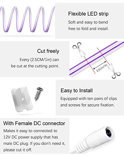 Alitove Neon Lights Strip Purple Silicone Flexible Dimmable Led Rope Light For Diy Neon Signs Bedroom Bar Wall Decor 16.4Ft 5M 600 Leds 12V Dc Waterproof With Diy Accessories Power Adapter Dimmer #TOP2