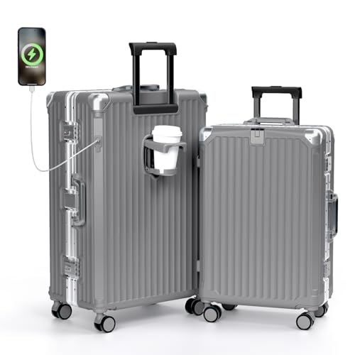 Set 2 Pieces Aluminum Frame Pc Hard Shell Zipperless Suitcas