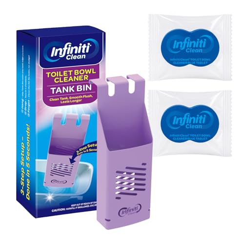 Infiniti Clean Toilet Tank Tablet Holder with Blue Toilet Bowl Tablets 8.97 x 3.22 x 2.25 Inch Tablet Holder - Prevents Flapper Jams & Residue Extends Life of Drop-In Cleaner Tablets (1+2)