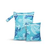 CoolaPeach 2 Pcs Wet Bags Waterproof Reusable Zippered Pocket Cloth Diaper Wet Dry Bags for Travel Beach Pool Swim, Baby Diapers,Gym Yoga Wet Clothes,Swimsuit,water wipes(Blue turtle)