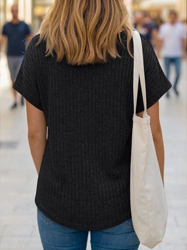 AUTOMET Women Tops Summer Sweaters Short Sleeve V Neck Henley Shirts 2025 Spring Business Casual Fashion Dressy Button Blouses Beach Vacation Clothes Outfits Black L