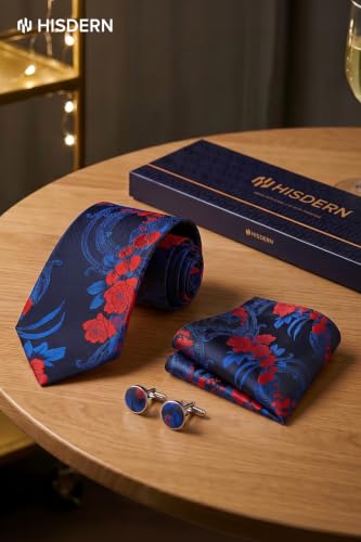 Image of HISDERN Ties for Men Paisley Tie and Pocket Square Cufflinks Set Formal Classic Floral Necktie Handkerchief Wedding Party