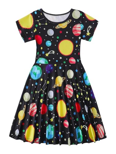 WonderBabe Girls Dresses Toddler Dinosaur Summer Sundress Kids Short Sleeve School Casual A Line Twirly Skater Dresses