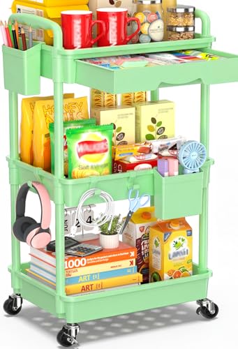 Image of SUNALLY 3-Tier Rolling Cart with Drawer & Lockable Wheels, Bathroom Storage Organizer Multifunctional Rolling Storage Cart for Bathroom, Kitchen, Office, Craft, Makeup, Baby Essentials, Green