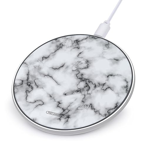 White Marble Stone Cute Charger Pad 10W Max Round Charging Stand with USB Cable Compatible with Most Cell Phone (No AC Adapter)