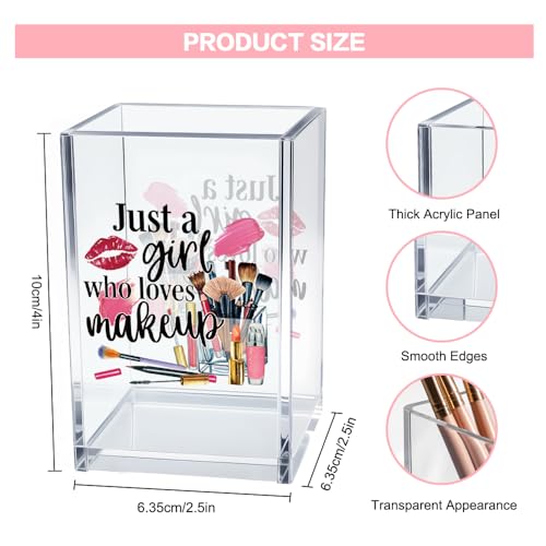 Image of Just A Girl Who Loves Makeup Acrylic Makeup Brush Organizer Holder, Girls Desk Acrylic Brushes Storage, Christmas Birthday Gifts for Daughter Niece Sister BFF Make Up Artist Makeup Lover