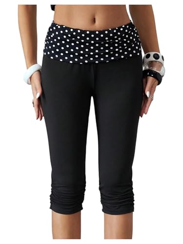 WDIRARA Women's Polka Dots Ruched Skinny Pants Vintage Elastic Waist Capris Pants
