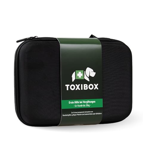 TOXIBOX Erste Hilfe für Hunde bei Vergiftung durch Giftköder Pflanzen & Haushaltsgifte | Mit flüssiger Aktivkohle Giftfibel Notrufnummern Schutz für Halter & mehr MHD 31.08.2027