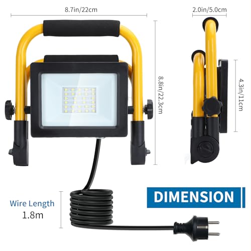 Aigostar LED Baustrahler 20W 1800LM (Ersetzt 180W),LED Arbeitsleuchte mit Stecker,Wasserdichtes Arbeitsscheinwerfer Bauscheinwerfer,für Werkstatt oder Baustelle,Garage, 6500K Tageslichtweiß