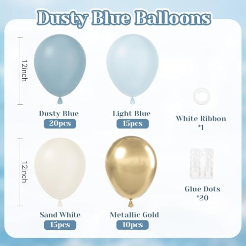Image of 60pcs Dusty Blue Balloons, 12 Inch Dusty Blue Sand White Metallic Gold Balloons with Ribbon for Wedding Bridal Shower Birthday Party Baby Shower Decorations