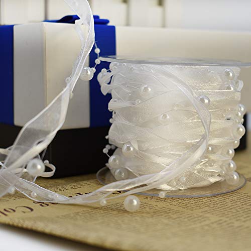 10M Artificial Bead Pearl Ribbon Chiffon Ribbon And Organza Lace Ribbon Trims For Wedding Flower Christmas Tree Decoration Sewing Craft Packaging (White) #TOP5