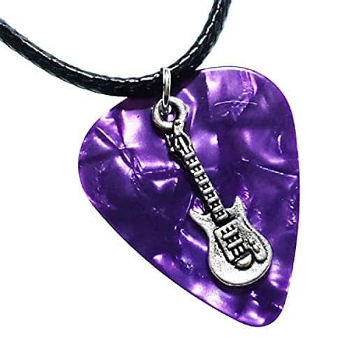Guitar Pick Necklace with Electric Guitar Charm & Vegan Leather Cord Chain (Purple