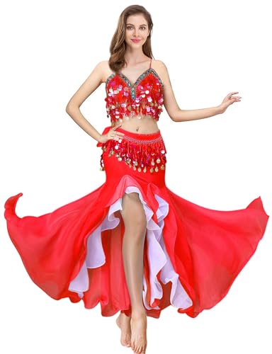 ELLYDOOR Bauchtanz Kostüm Set für Frauen Bauchtanz Crop Top BH und Hüftschal Schlitz Tanzrock Halloween Outfit Rot