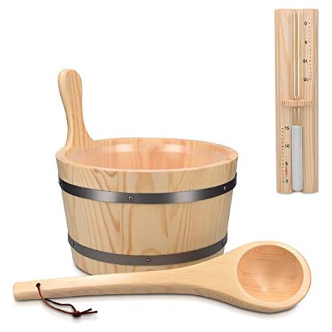 Navaris Juego de accesorios de madera para sauna - Kit de 1x cubo de 5 l 1x cuchara 1x recipiente y 1x reloj de arena Cover