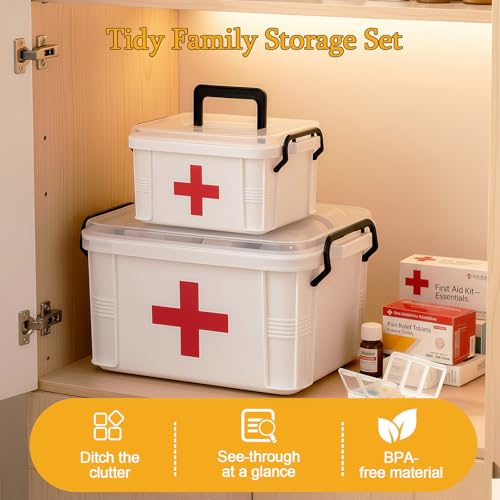 Image of 2 Pack Clear Medicine Organizer Box with Handle, Plastic Medicine Container with Tray First Aid Box Empty, Thickened Medicine Storage Organizer Multipurpose Medication Organizer Storage, White