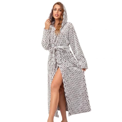 Image of RONGTAI Womens Robes Plush Fleece Hooded Bathrobe Thick Nightgown with Pockets Fluffy Sleepwear