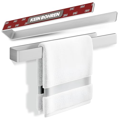 LIEBHEIM Handtuchhalterung Ohne Bohren - Handtuchhalter Wand - Handtuch Halter Silber - Handtuch Aufbewahrung Bad - Handtuchstange Badezimmer - Aluminium Silber gebürstet 40 cm