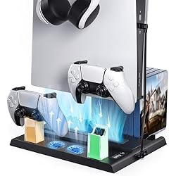 Soporte Para Camara Digital Aceshop Soporte PS5 con Ventilador y Estación Carga Mando PS5, Multifuncional Soporte Refrigeración PS5 con Indicador LED Accesorios Playstation 5 15 Ranuras de Juegos(Edición Disc&Digital) (Negro)