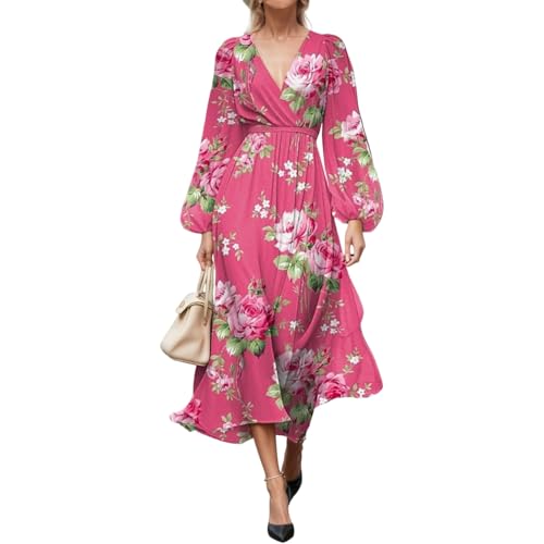 Akivide Women's Fall Chiffon Floral Print Puff Long Sleeve Maxi Dress Empire Waist Dresses for Women 2025 Elegant Classy