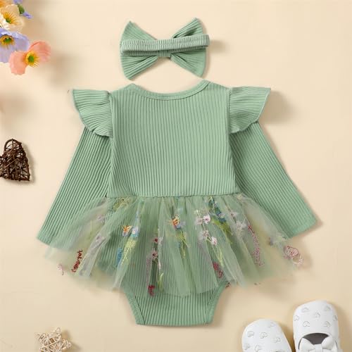 Baby Girl Fall Clothes Cute Long Sleeve Mesh Tutu Romper Dress Infant Newborn Dress (MAMA'S GIRL-Green, 6-12 Months)4