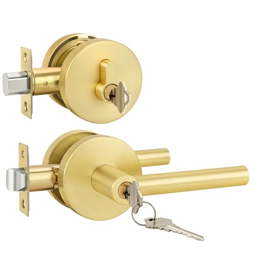 Goldenwarm Gold Front Door Handle and Deadbolt Set, Exterior Door Lock Set