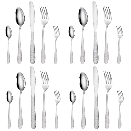 Image of aDai Hammered Sterling Silver Silverware Set | 20-Piece Premium Stainless Steel Flatware Set | Dishwasher Safe Cutlery Set for Home, Restaurant & Gifting
