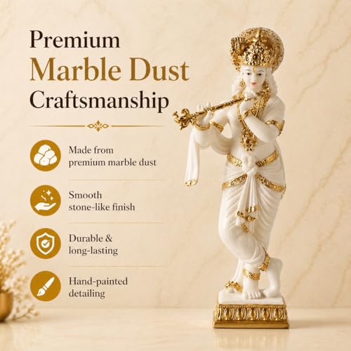 Image of ARMONIA Lord Krishna Idol Marble Dust Statue Murti |Krishana Sculpture for Home Decor,Pooja ghar,Mandir & Gifting Item |Best Gift for Wedding & Housewarming(11.8 inch,White) (Include Microfiber cloth)