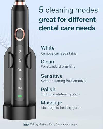 Rtauys Electric Toothbrush for Adults, 8 Brush Heads & Travel Case,5 Modes with 2 Minutes Built in Smart Timer, One Charge for 120 Days, 41000 VPM Motor (Black)