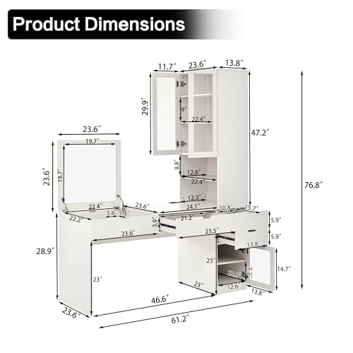 Image of JIVOIT Vanity Desk with Mirror, Versatile Makeup Dressing Table with 8 Hidden Storage Compartments, 3 Drawers, 2 Cabinets and Open Shelves, Glass Door, Computer Desk for Home Office