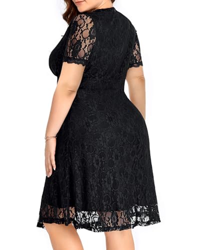 Image of Women's Wedding Guest Plus Size Semi Formal Cocktail Lace Wrap V Neck Short Sleeve Knee Length Dress
