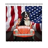 GABSHAIM Funny Bernese Mountain Dog Drive a Car Shower Curtain US Flag Background Bath Curtains Patriotic Theme Shower Curtain Waterproof Fabtic Bathroom Decor 72x72 Inch Style 2