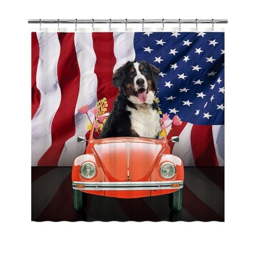 GABSHAIM Funny Bernese Mountain Dog Drive a Car Shower Curtain US Flag Background Bath Curtains Patriotic Theme Shower Curtain Waterproof Fabtic Bathroom Decor 72x72 Inch Style 2