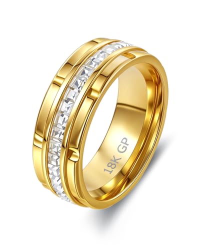 Image of 8mm Mens Gold Wedding Band with Cubic Zirconia Silver Eternity Ring CZ Inlaid 18K Gold Plated Stainless Steel Rings for Men, Rings Size 5-12