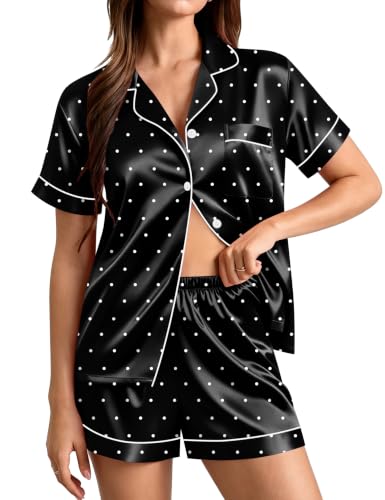 Image of SWOMOG Womens Silk Satin Pajamas Set Short Sleeve Sleepwear Button Down Top and Shorts Loungewear 2 Piece Pjs Set XS-3XL