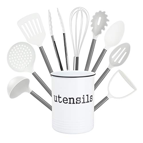 Country Kitchen 10 Piece Nylon Cooking Utensil Set with Holder, Kitchen Tools and Gadgets with Rounded Gunmetal Handles - White