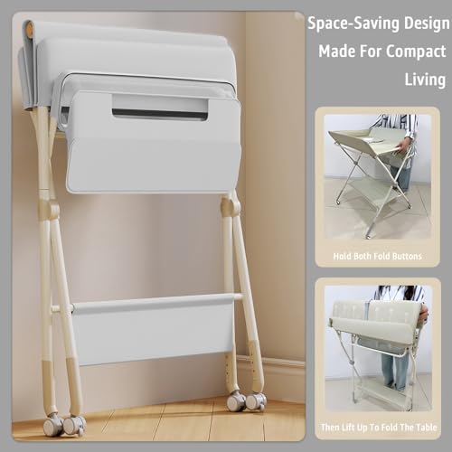 Image of Changing Table, Portable Baby Changing Table with Wheels, Upgraded Foldable Diaper Changing Station with 5-Level Adjustable Height & Large Nursery Organizer Storage for Newborn Infant