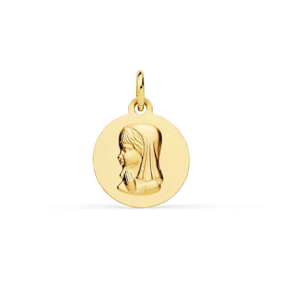 Virgen Niña Medalla en Oro 18k para Primera Comunión de 14mm. lisa. Grabación incluida en el precio - Personalizable - GRABACIÓN INCLUIDA EN EL PRECIO